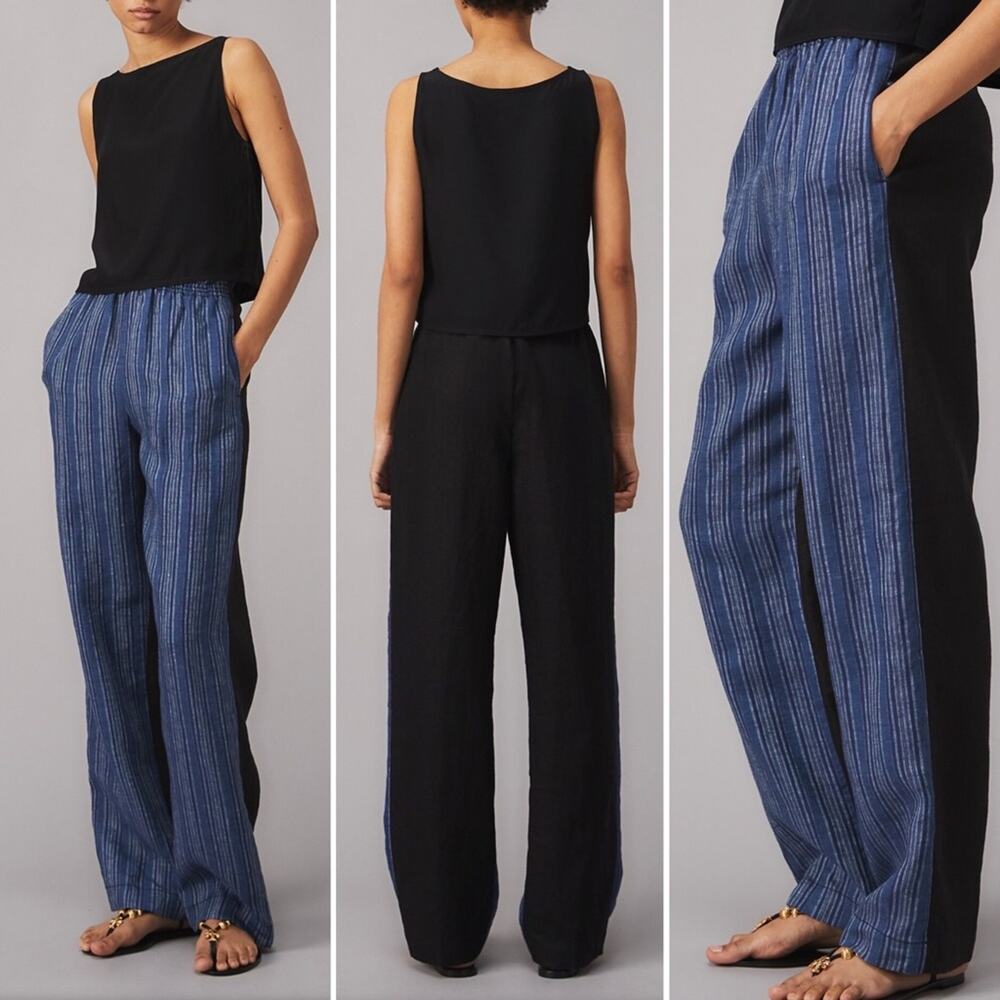 Tory Burch Pants 100% Linen Blue Striped Front Solid Back Relaxed Fit Pocket NWT